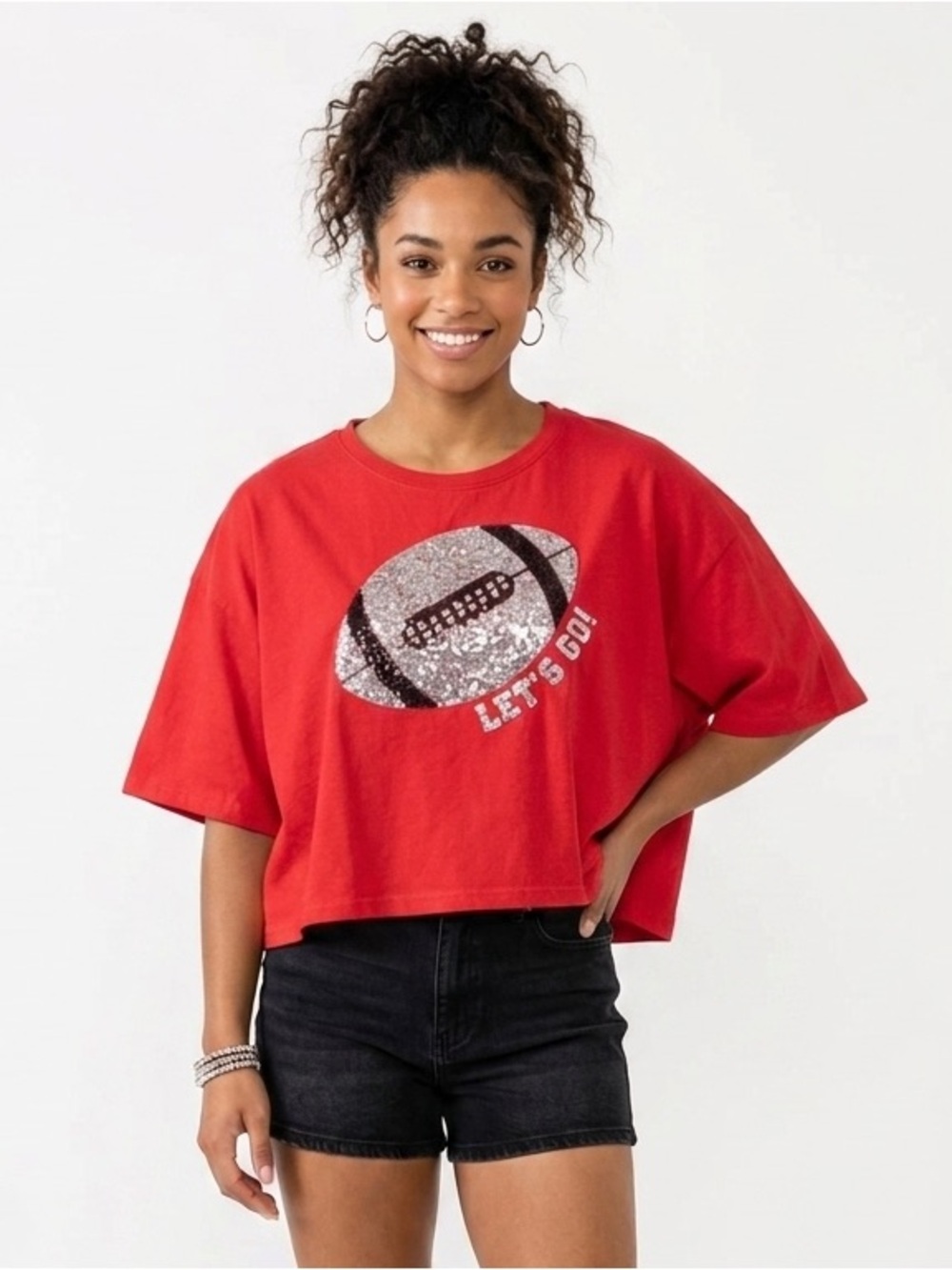 Peach Love Sequin Football Boxy Crop Top Oversized Gameday Tee Red Medium